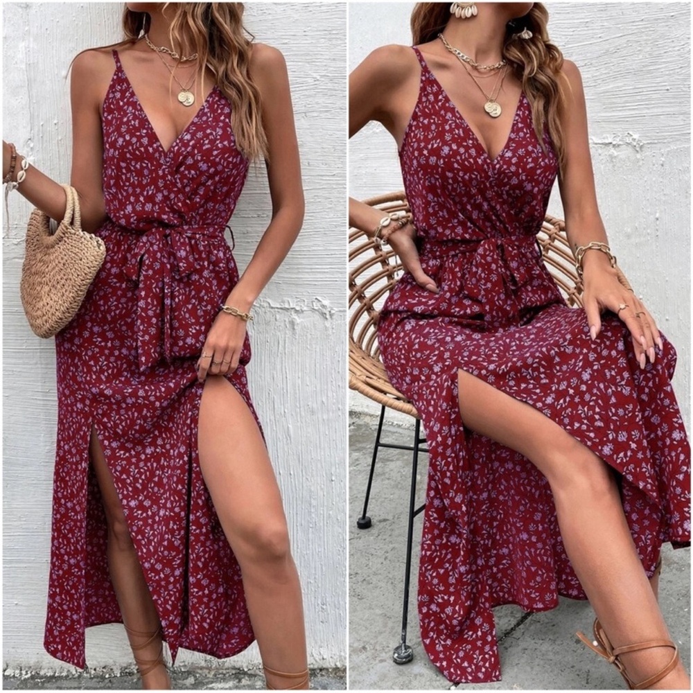 Boho Floral Print Split Thigh Belted Midi Dress XS S M L XL